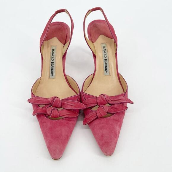Vintage Manolo Blahnik Pink Suede Knotted Bow Pointed Toe Slingback Pump IT 39.5 - Picture 5 of 10